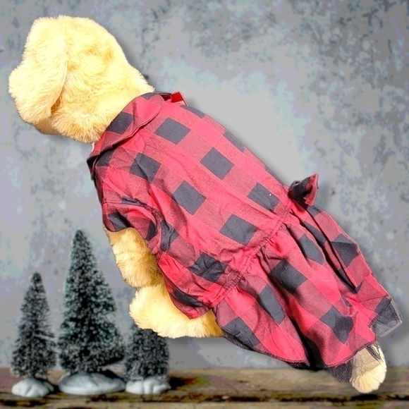WONDERSHOP 𝅺Large Dress Bow & Tutu Dog Holiday Buffalo Plaid Check Red New T32 - Picture 1 of 9
